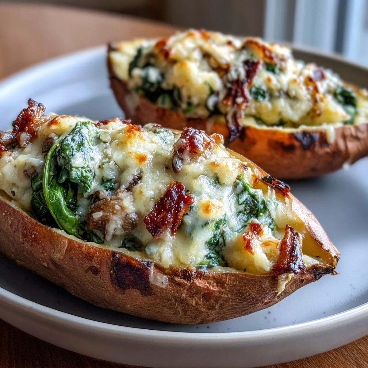 Warm sweet potatoes filled with a savory blend of sautéed mushrooms, fresh spinach, and creamy cheese sauce.  