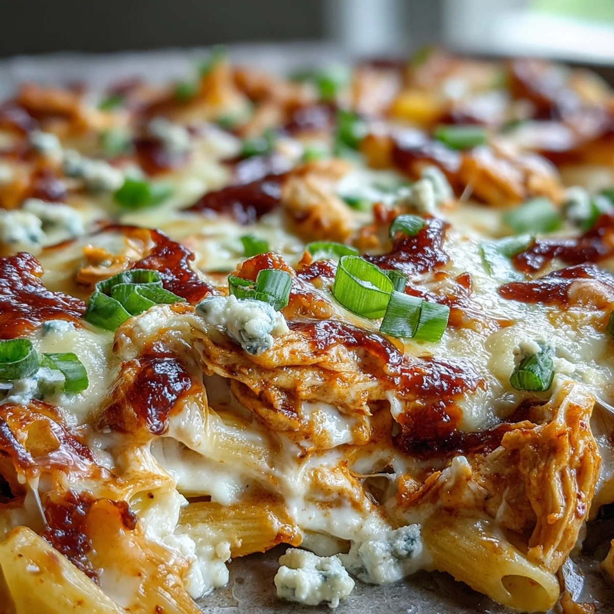 Spicy buffalo ranch chicken pasta bake topped with gooey mozzarella and cheddar cheeses for bold flavor.