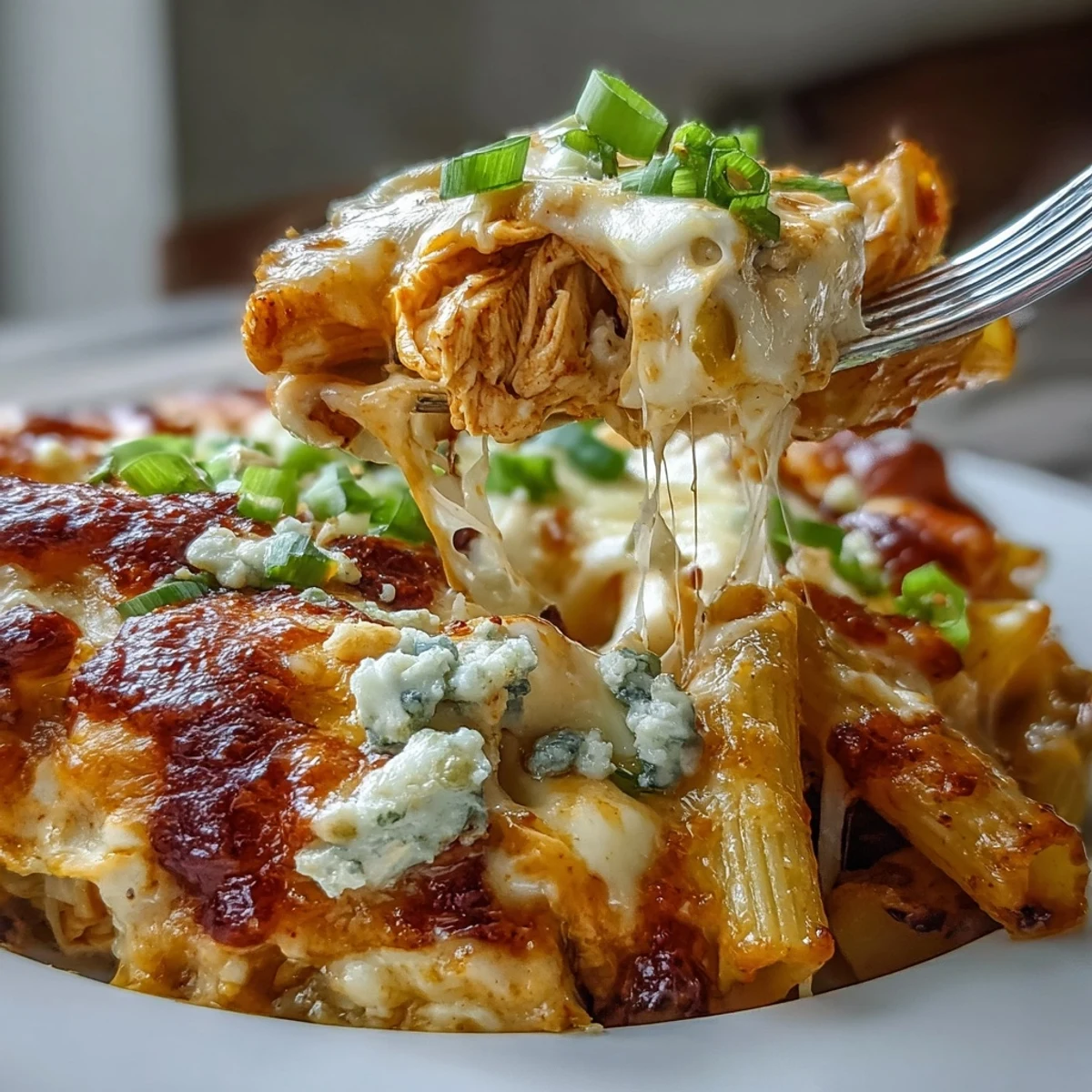 Baked Buffalo Ranch chicken pasta with ranch-seasoned buffalo sauce, sour cream, and melty cheese topping.