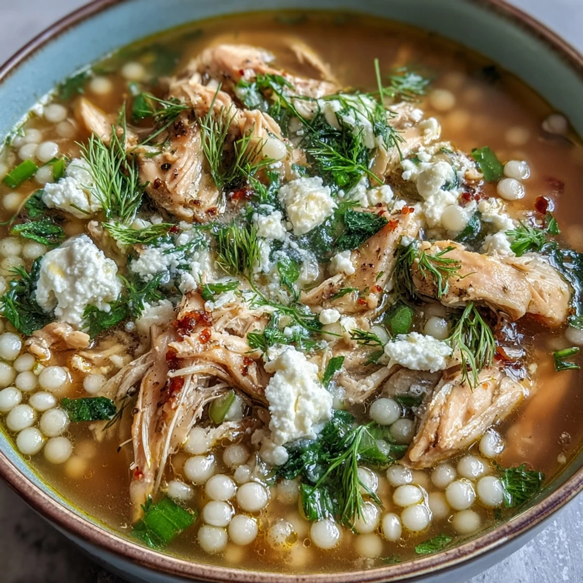 Greek chicken and pearl couscous soup with tender chicken, lemon, and creamy feta crumble.  
