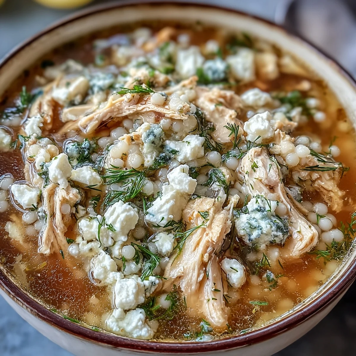 Hearty Greek-inspired soup featuring shredded chicken, pearl couscous, and a sprinkle of feta cheese.