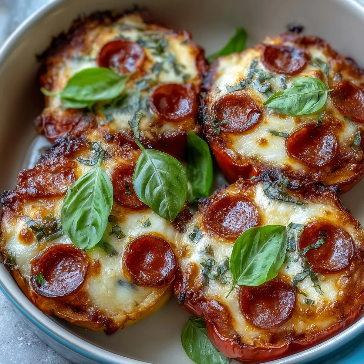 Keto Pizza Stuffed Peppers with Mozzarella and Pepperoni: golden-baked bell peppers filled with zesty marinara, gooey cheese, and savory pepperoni slices.