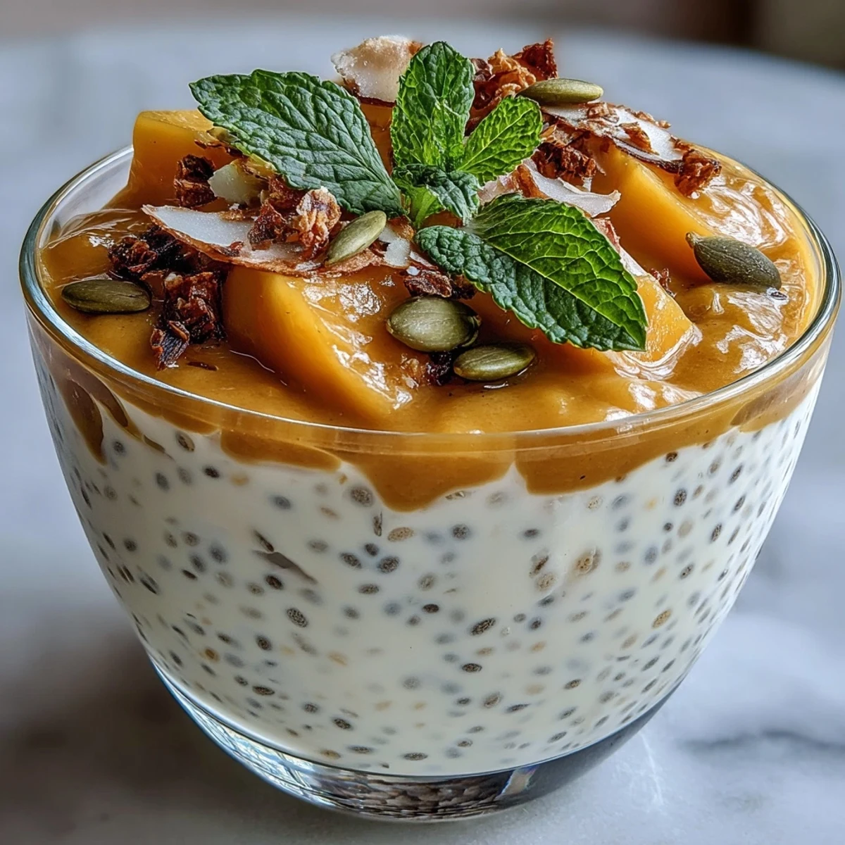 Creamy coconut chia pudding layered with fresh mango purée in a light, healthy breakfast cup.  