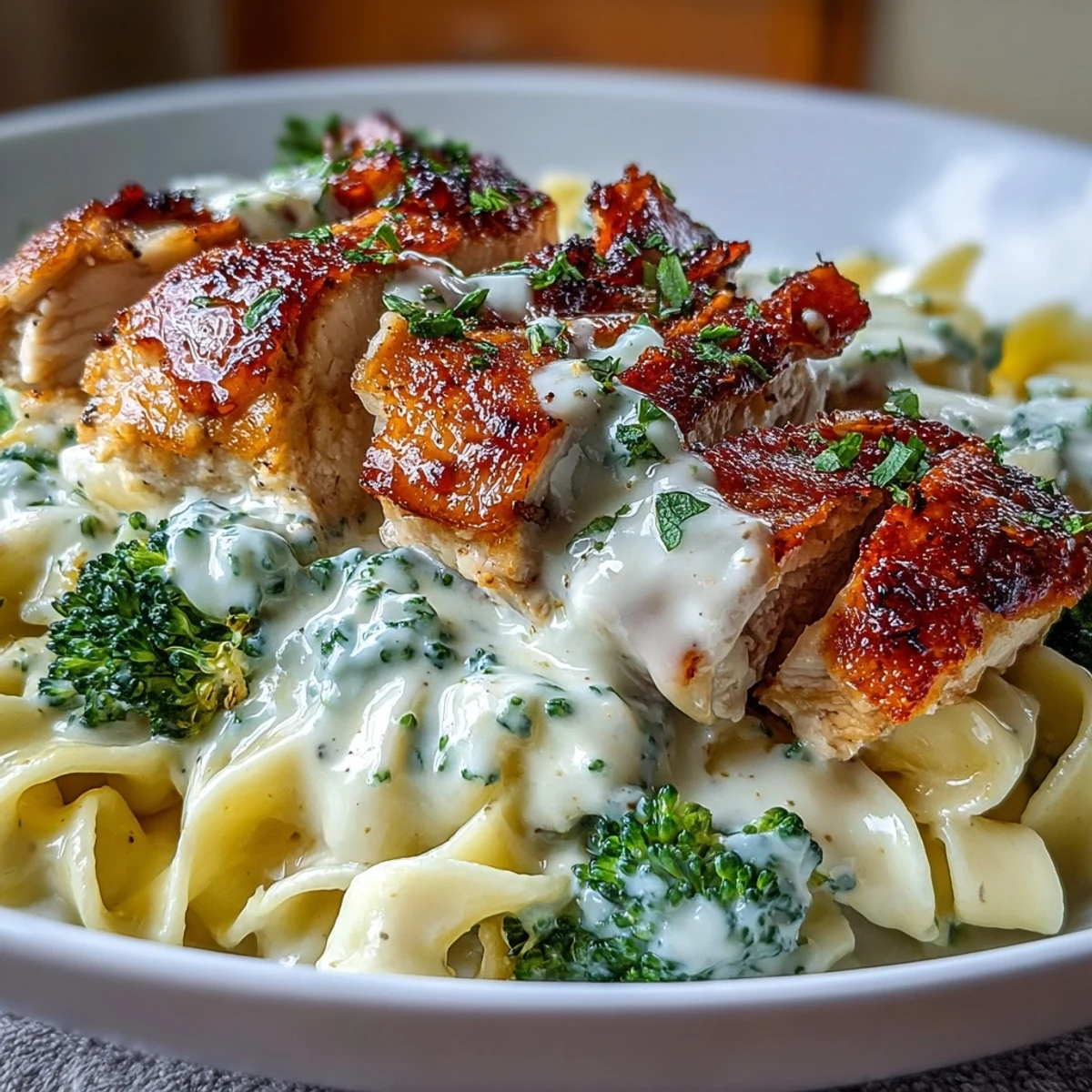 Tender chicken strips in velvety Alfredo sauce paired with vibrant steamed broccoli, a delicious keto-friendly pasta alternative.  