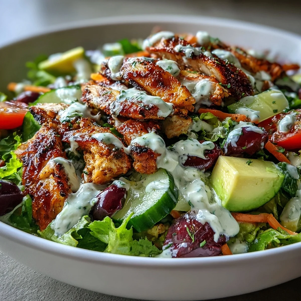 Light Chicken Shawarma Salad Bowls with Lemon Tahini Drizzle: vibrant bowl of spiced grilled chicken, fresh greens, and colorful vegetables drizzled with creamy lemon tahini sauce.