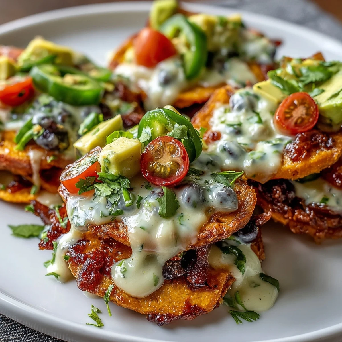 Crispy baked sweet potato slices serve as the base for hearty black beans and luscious dairy-free cashew queso in this vibrant vegan dish.  