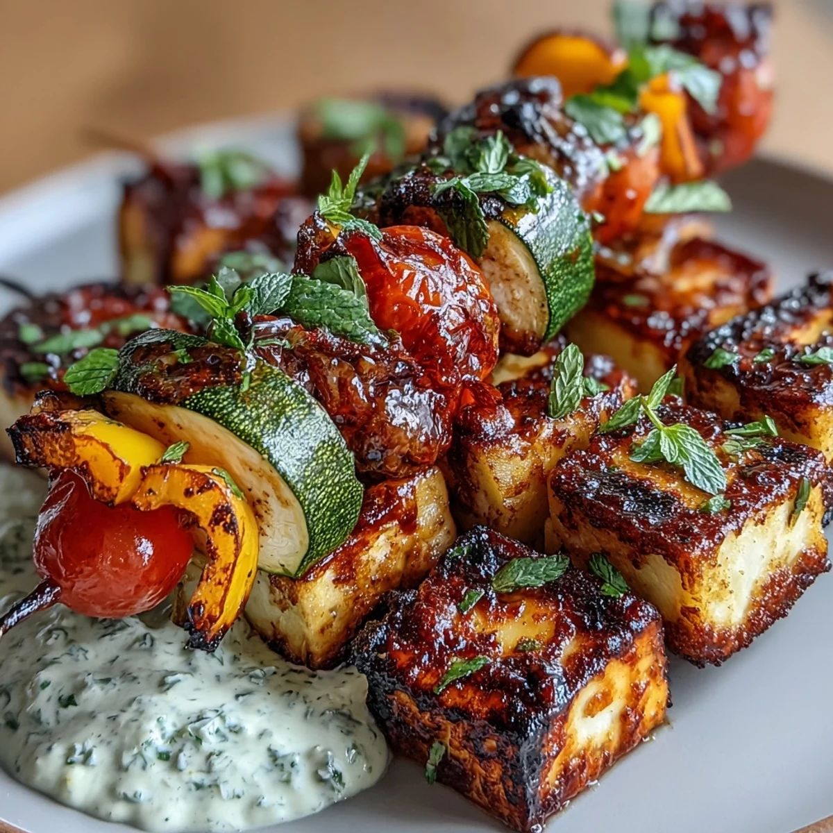 Grilled Veggie and Halloumi Skewers with Herb Yogurt Sauce