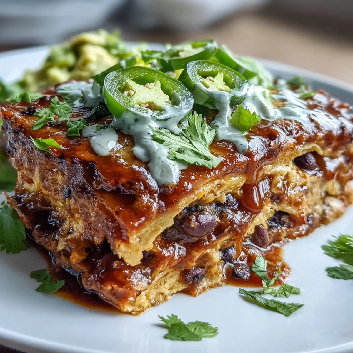 Hearty vegan black bean enchilada casserole with layers of vegetables and smoky sauce, topped with creamy avocado crema.