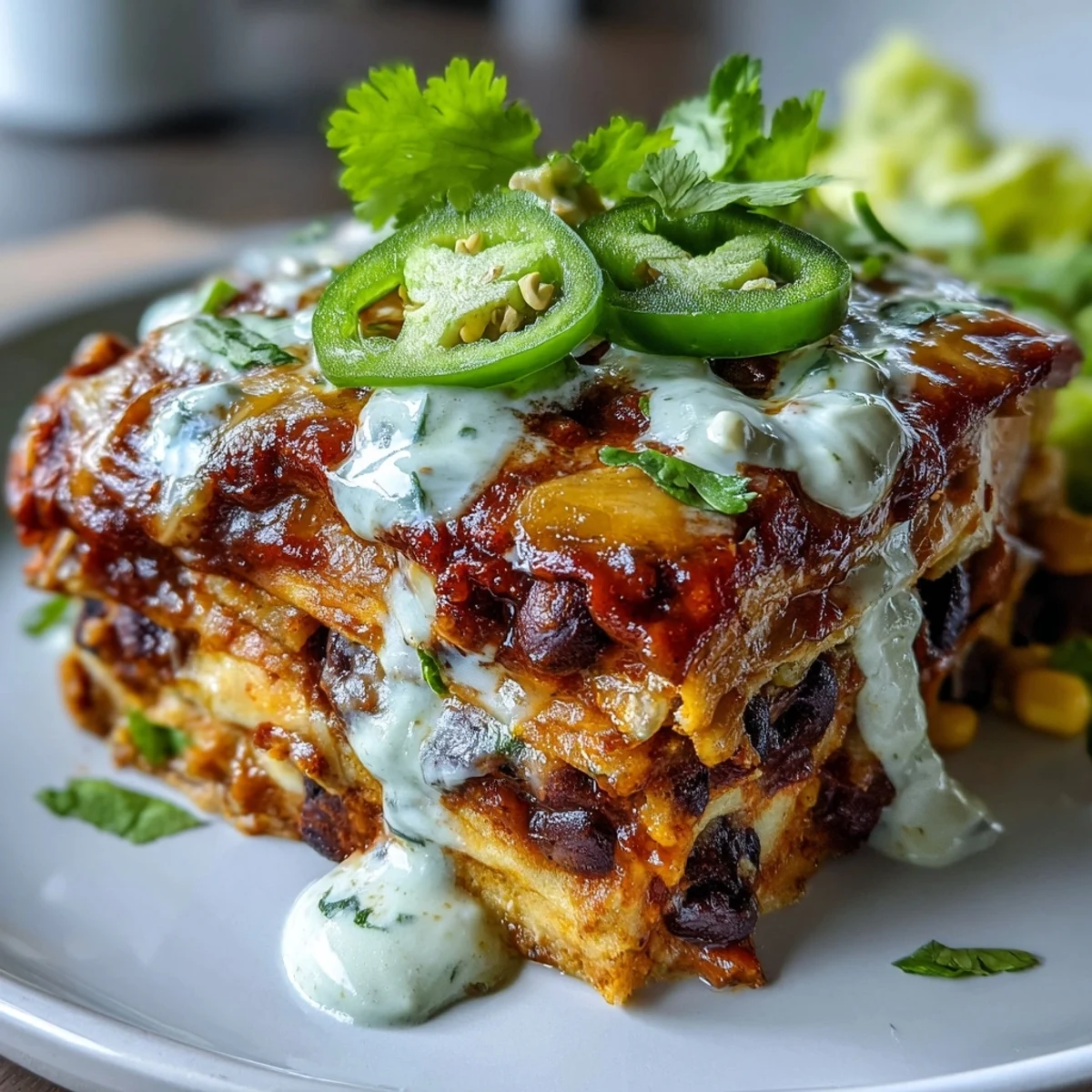 Mexican-inspired vegan casserole featuring black beans, corn tortillas, and zesty enchilada sauce, finished with fresh avocado crema.