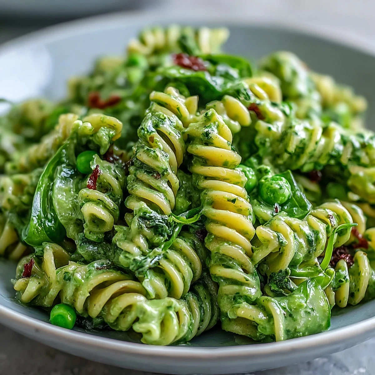 Bright green goddess pasta salad with basil, spinach, and cucumber, tossed in a tangy vegan dressing for a flavorful meal.