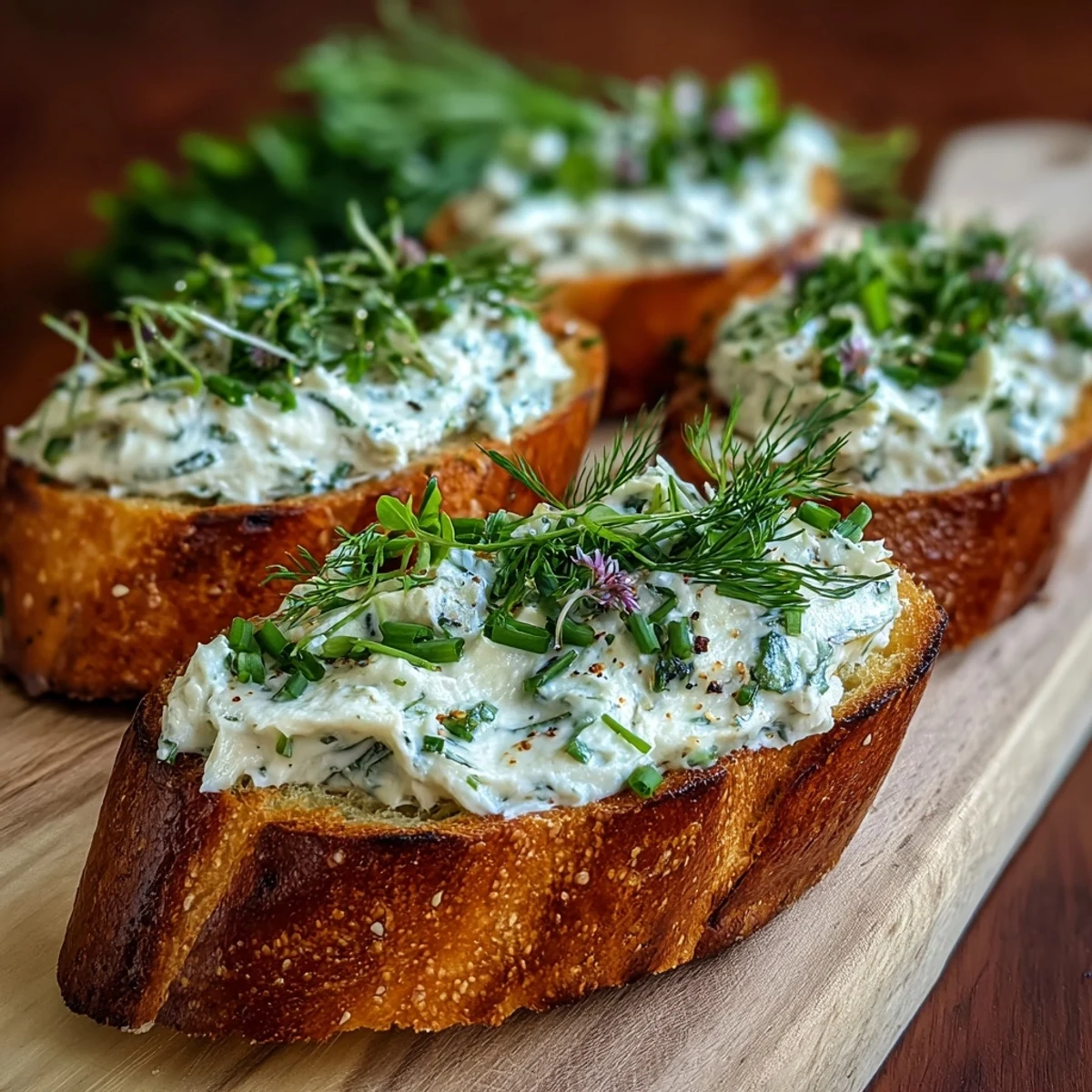 Creamy herb-topped crostini arranged on a rustic board, perfect for elegant appetizers and gatherings.