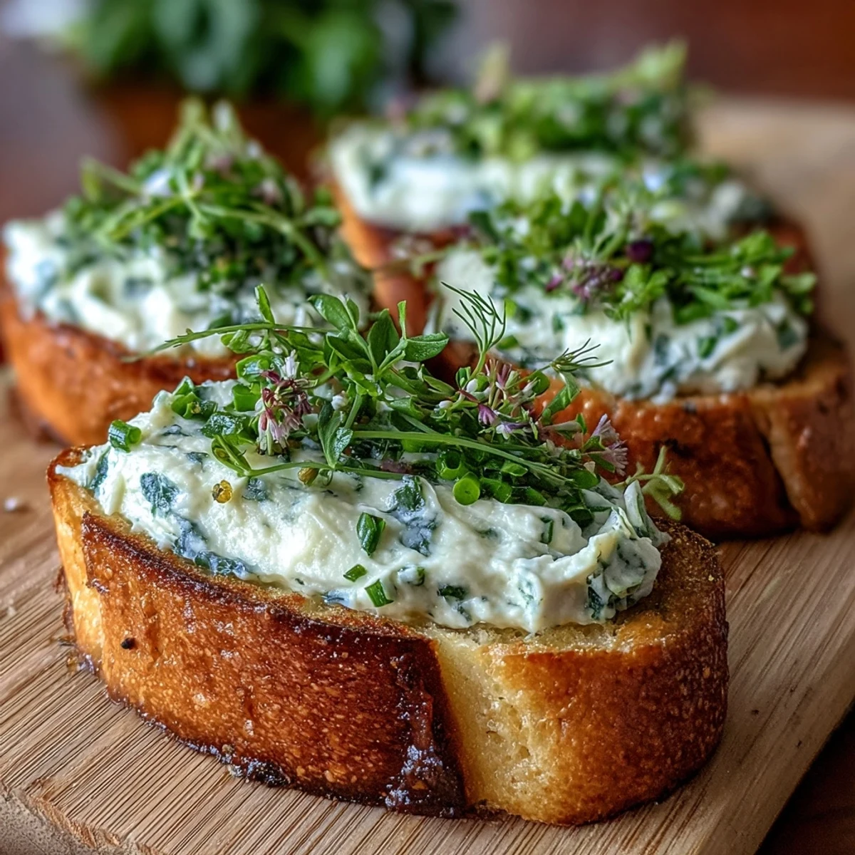 A vibrant appetizer board featuring creamy crostini with chives, dill, and edible flowers for a fresh taste.
