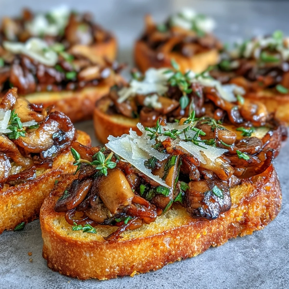 Wild mushroom and garlic crostini with Parmesan and thyme on a rustic wooden board.  