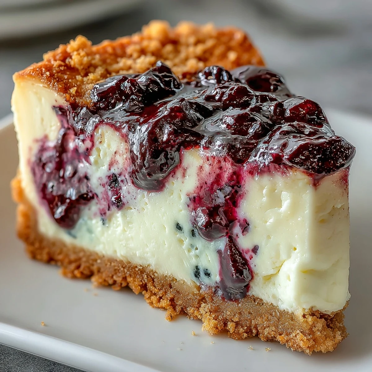 Velvety black currant cheesecake with a golden crust, elegantly swirled with vibrant purple berry compote for a stunning presentation.  