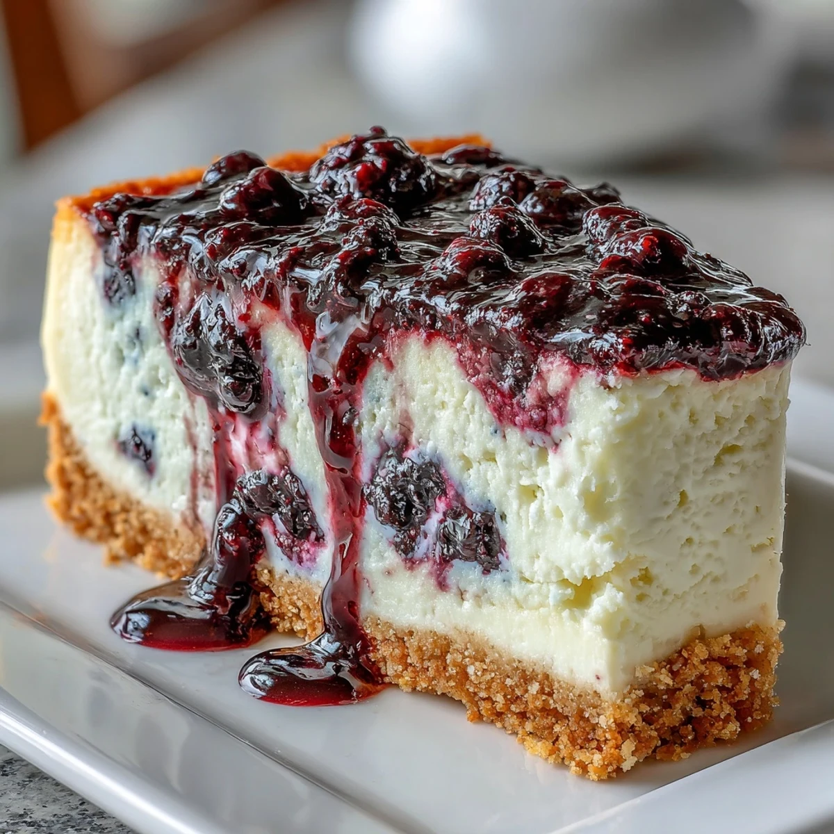 Rich and creamy black currant cheesecake, featuring a marbled berry topping that adds a burst of sweet-tart flavor in every bite.