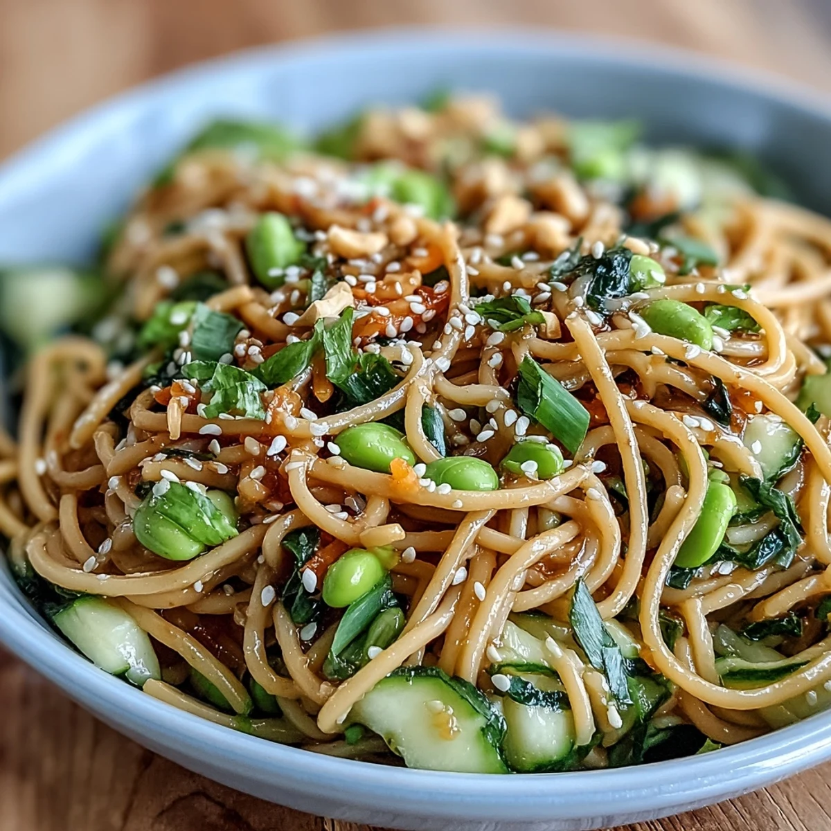 This colorful Sesame Ginger Noodle Bowl features crisp cucumber, sweet carrots, and protein-rich edamame tossed in a silky sesame-ginger dressing, perfect for warm weather dining.