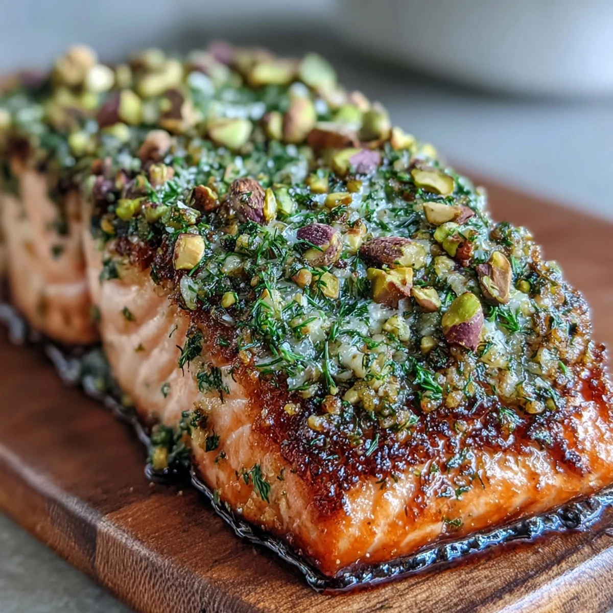 Golden pistachio-crusted salmon with fresh herbs and lemon zest, pan-seared until the crust is golden and crisp.