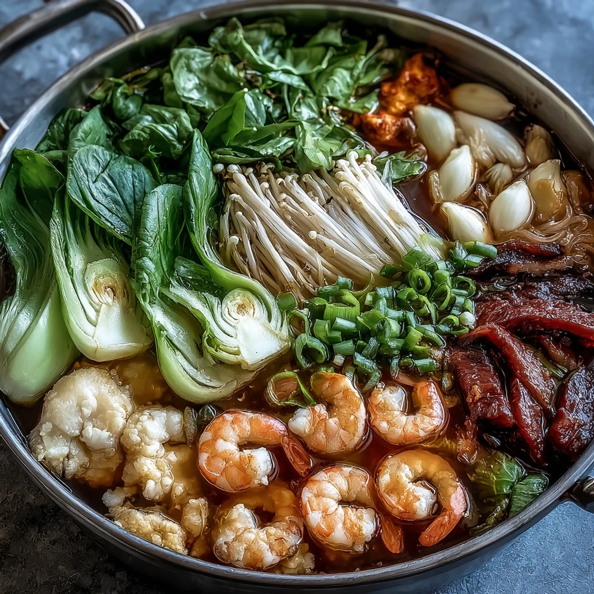 Asian Hot Pot Interactive: A colorful spread of fresh ingredients ready to be cooked in a bubbling pot, perfect for shared meals.