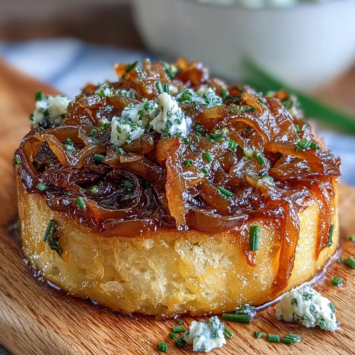 Golden caramelized onions swirled into softened butter, served with crisp crackers and sliced baguette for a savory appetizer spread.