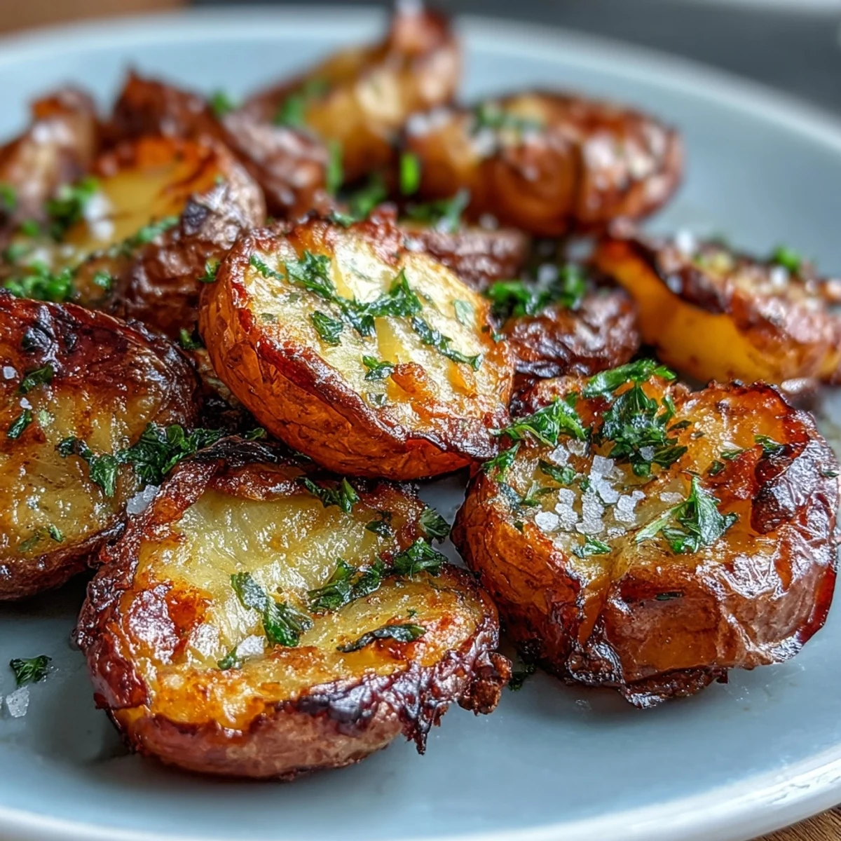Fluffy, golden-brown smashed potatoes topped with garlic oil and fleur de sel for irresistible flavor.  
