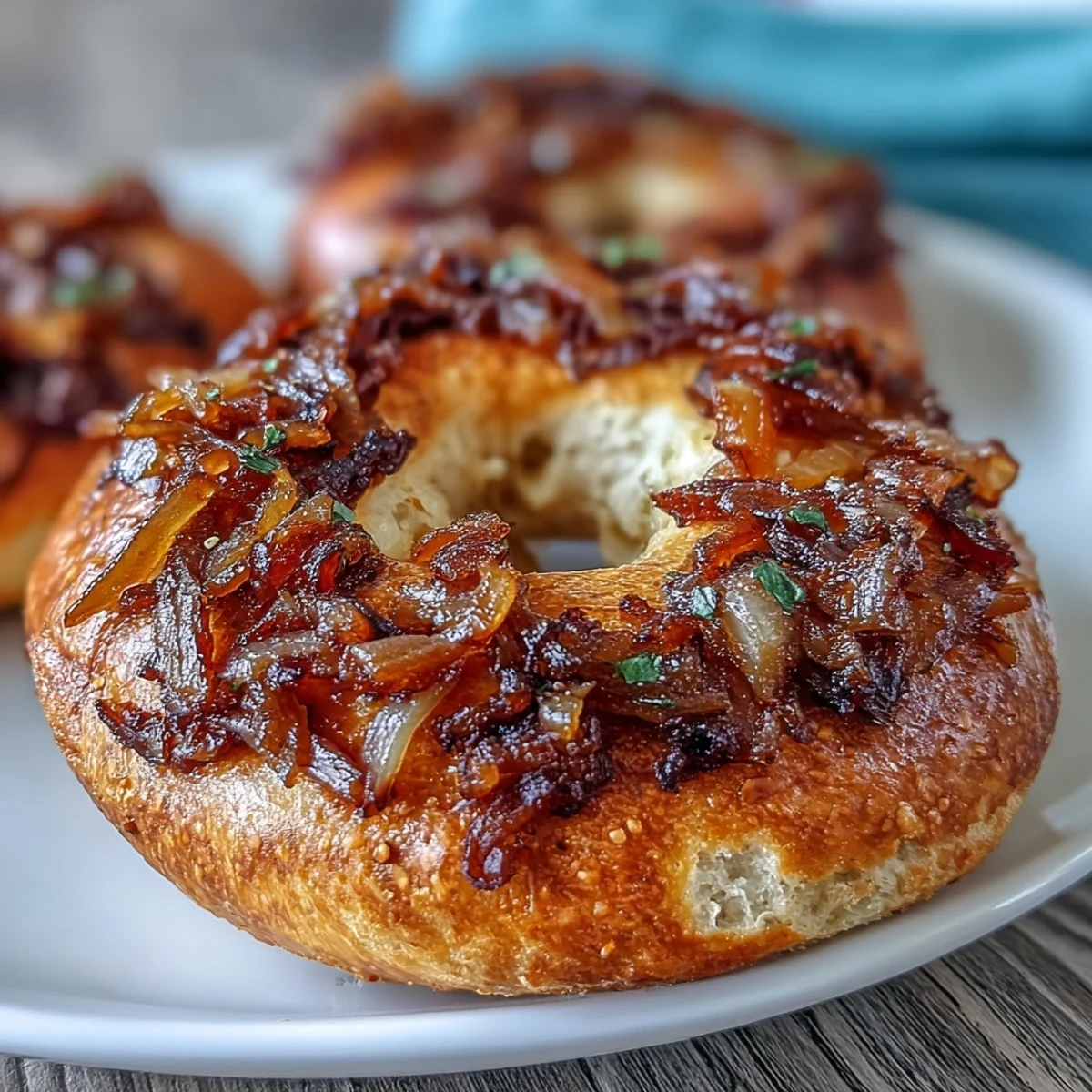 Chewy sourdough bagels topped with sweet golden sautéed onions, perfect for breakfast or hearty sandwiches.  