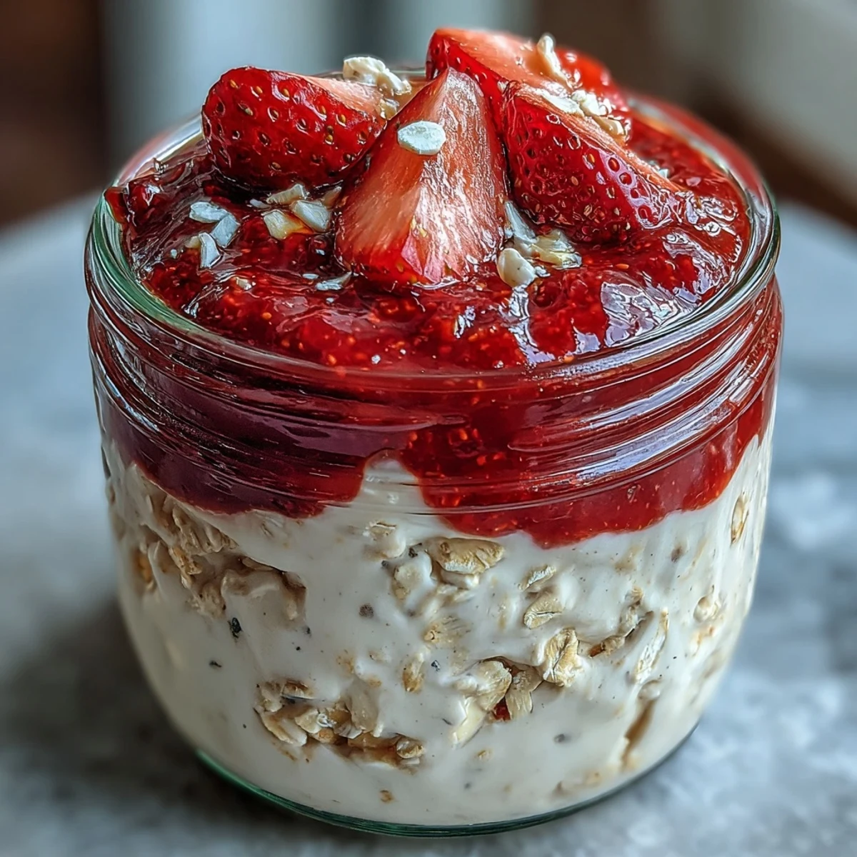 Wholesome overnight oats with homemade strawberry chia jam, perfect for a quick and delicious morning meal.