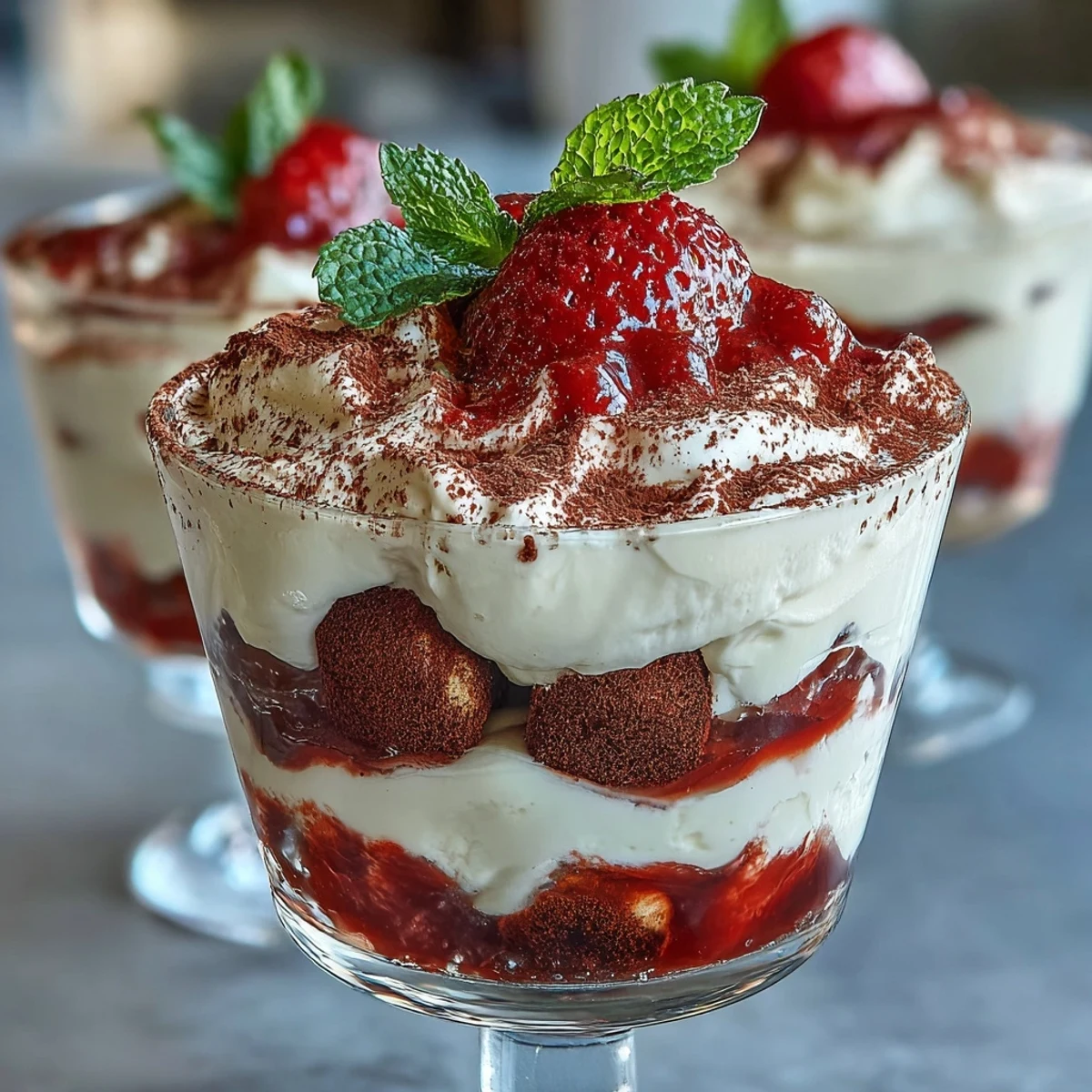 Gorgeous Valentine's Day dessert with strawberry-topped tiramisu cups layered with rich mascarpone cream and coffee-dipped ladyfingers.