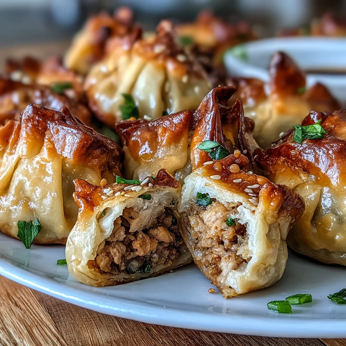 Crispy air-fried pork dumplings served with spicy chili oil, perfect for an Asian-inspired appetizer or snack.  