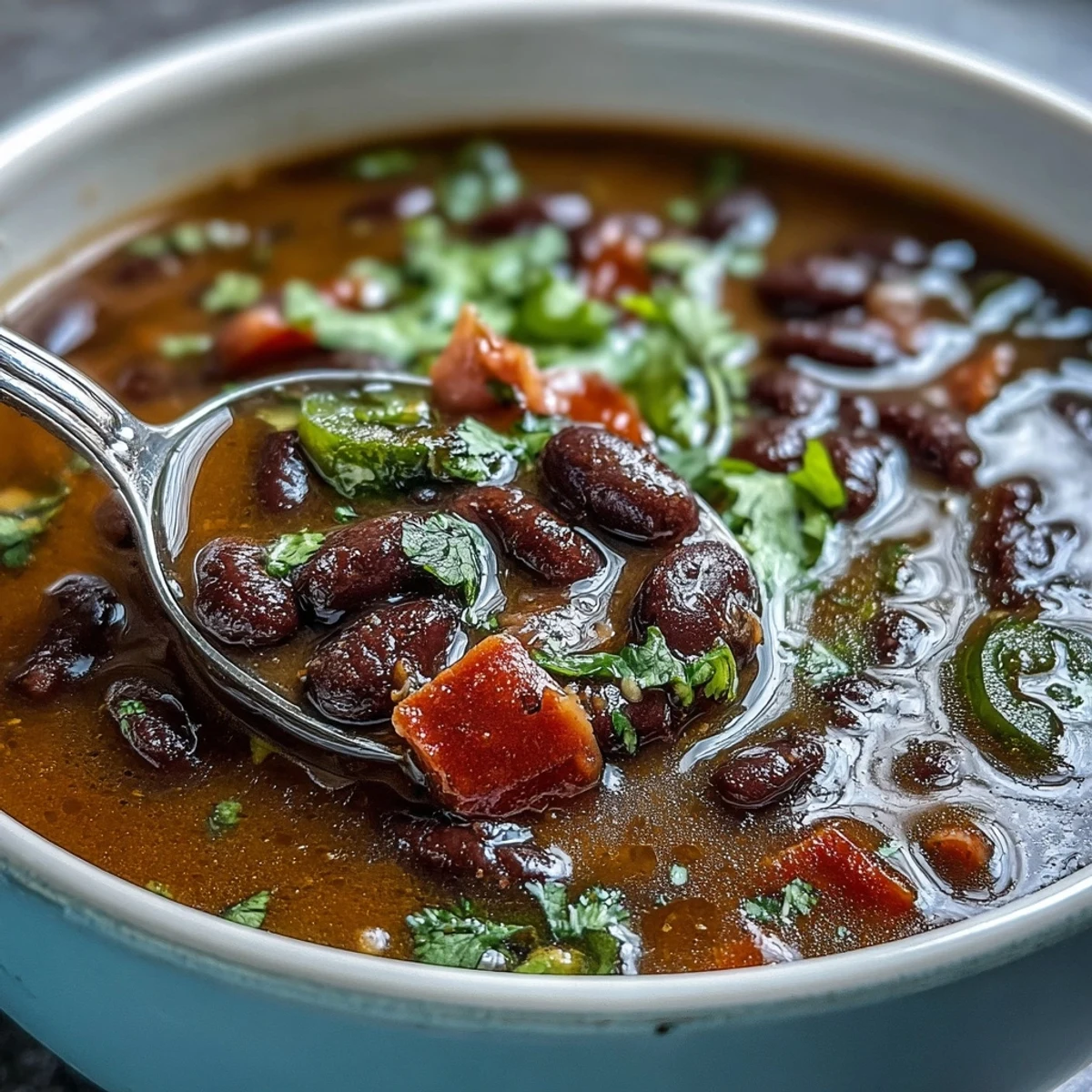 A steaming bowl of Black Bean and Ham Soup with jalapeños, topped with fresh cilantro and lime wedges for a spicy kick.  