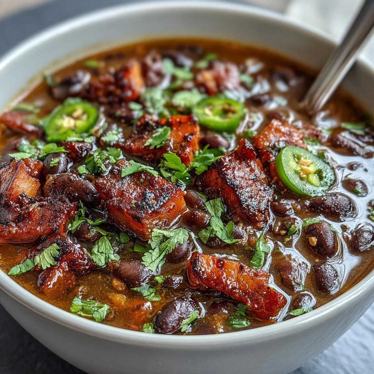 Rich and smoky Black Bean and Ham Soup with jalapeños, featuring tender ham, black beans, and vibrant vegetables in a savory broth.  