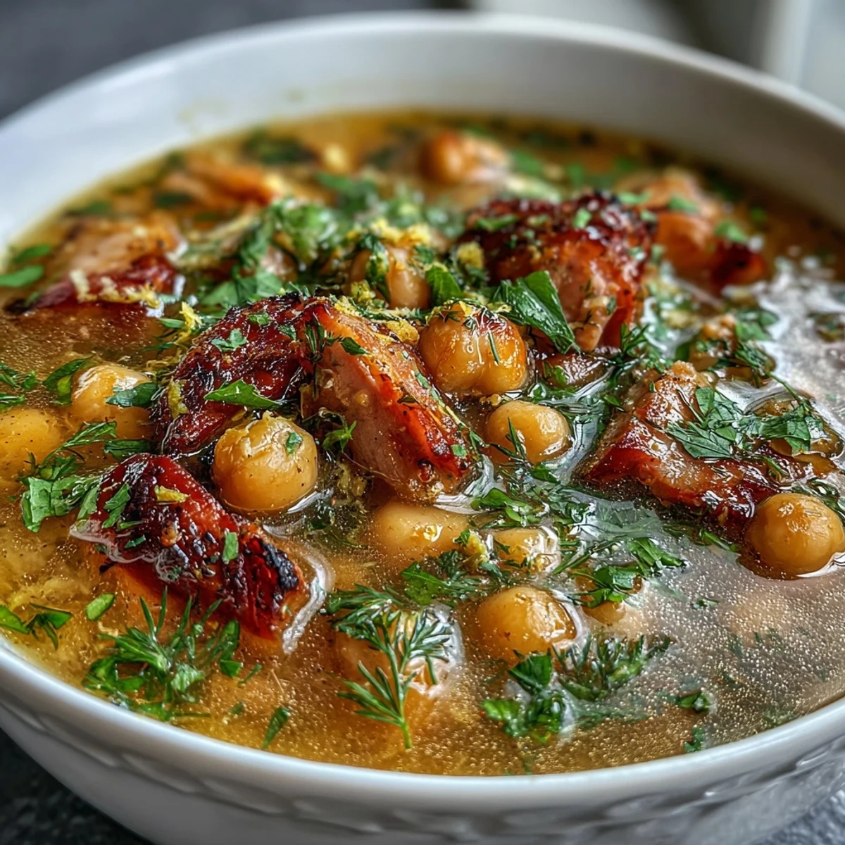 A comforting bowl of ham and chickpea soup with fresh dill, bright lemon, and tender vegetables in a savory broth.