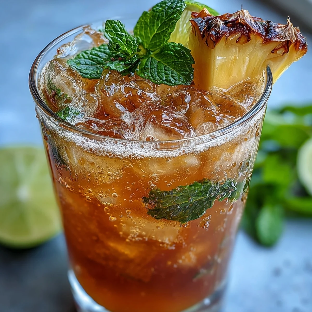Refreshing pineapple ginger fizz in a tall glass, garnished with lime slices and mint leaves.  
