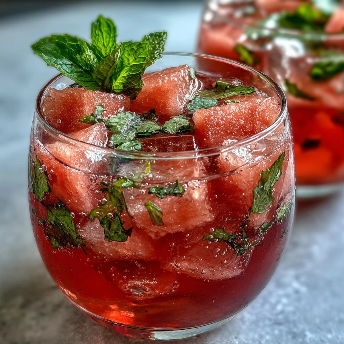 A tall glass of watermelon mint infused water with fresh mint leaves and juicy watermelon cubes, perfect for a refreshing summer brunch.