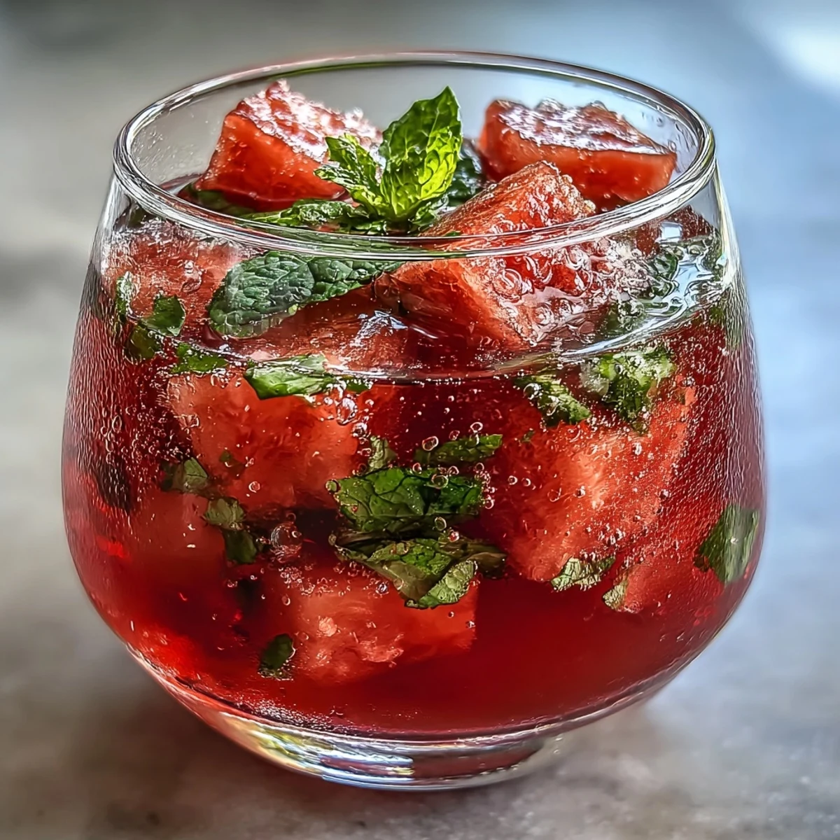 Bright pitcher filled with vibrant watermelon mint infused water, garnished with extra mint and served over ice for a thirst-quenching drink.