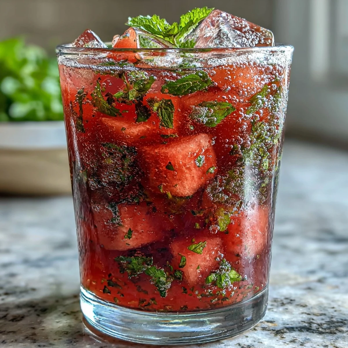 Close-up of a clear glass of watermelon mint infused water, showcasing the colorful fruit and aromatic mint leaves in chilled water.