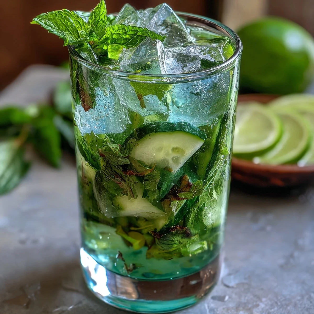 Cool and crisp, this alcohol-free mojito blends muddled cucumber, zesty lime, and fragrant mint over ice, topped with fizzy water.