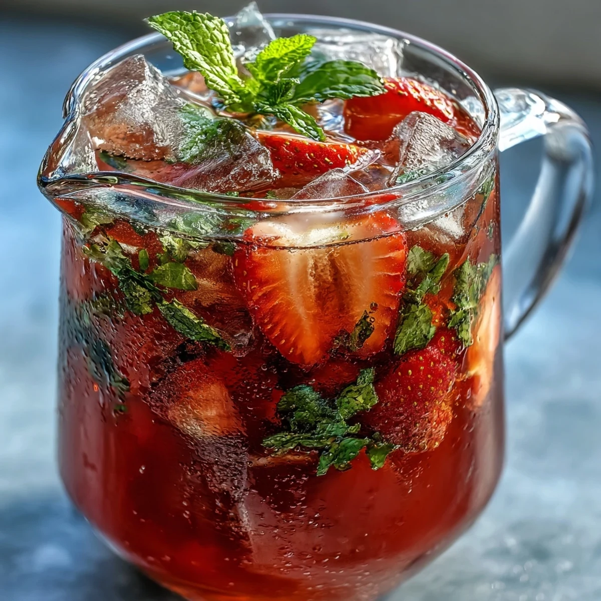 A vibrant pitcher of strawberry rose lemonade, bursting with fresh berries and floral aroma, perfect for a sunny afternoon.