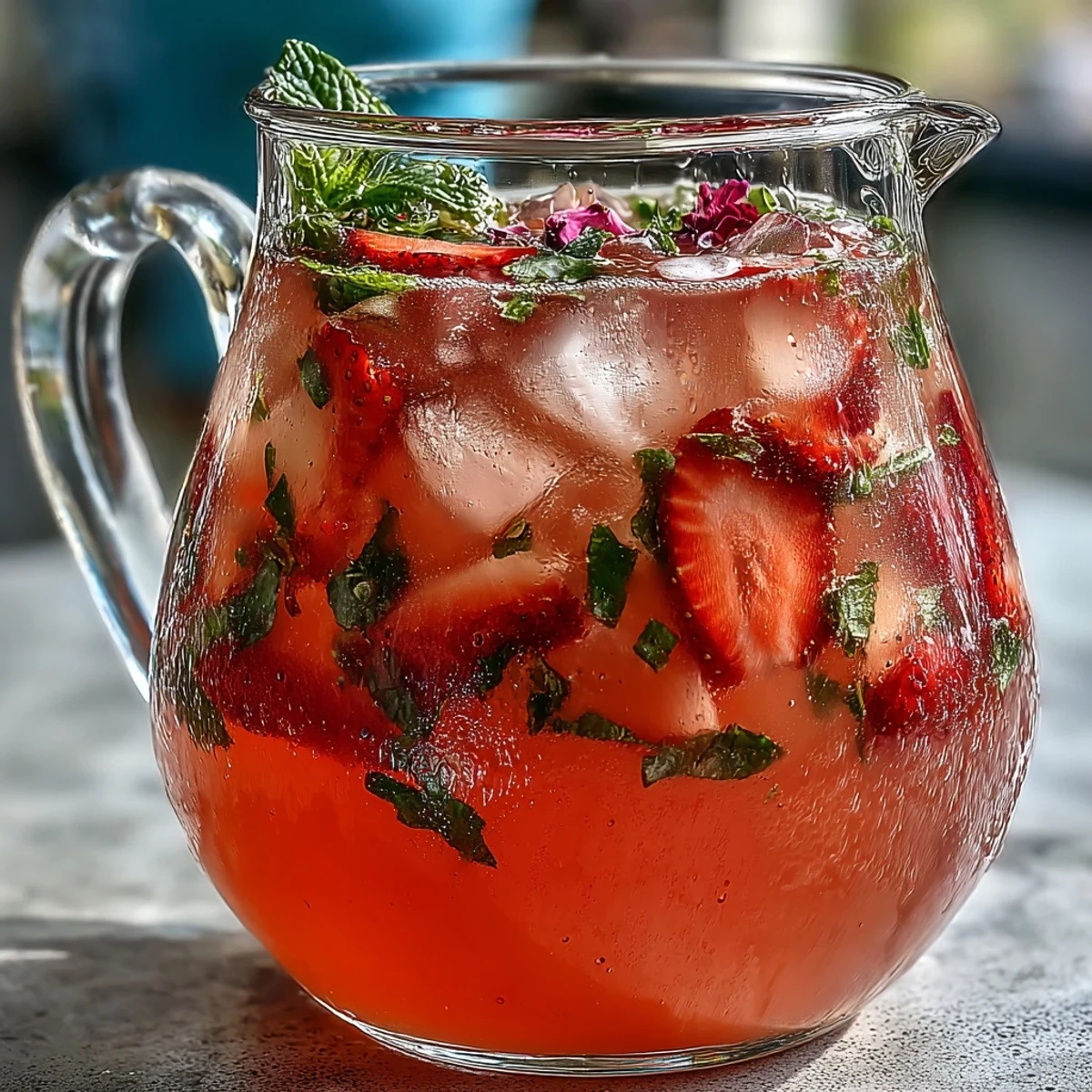 Chilled strawberry rose lemonade with lemon wheels and mint, offering a sweet-tart refreshment with a delicate rose scent.