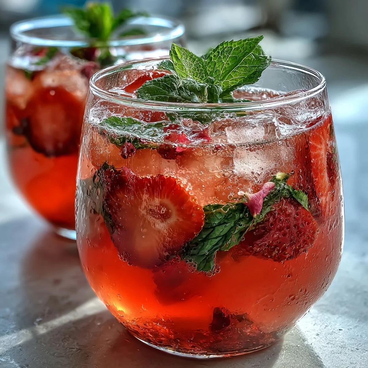 Refreshing strawberry rose lemonade garnished with edible petals and ice, a beautiful pink drink for summer gatherings.
