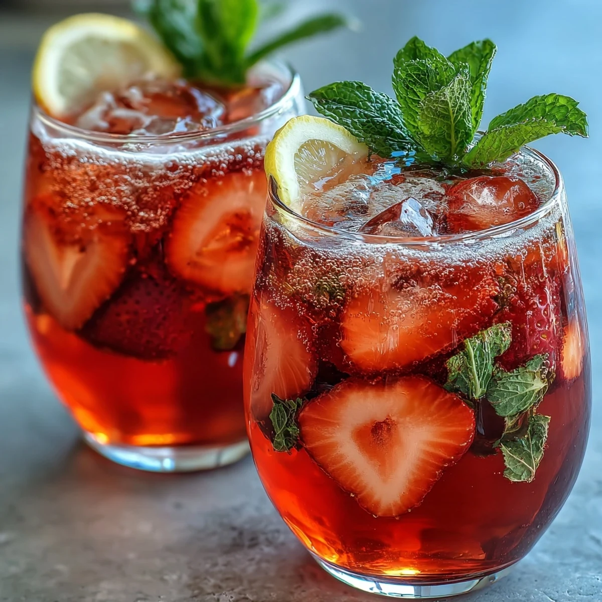A refreshing sparkling strawberry mocktail with fresh fruit, citrus, and mint garnish in chilled glasses.