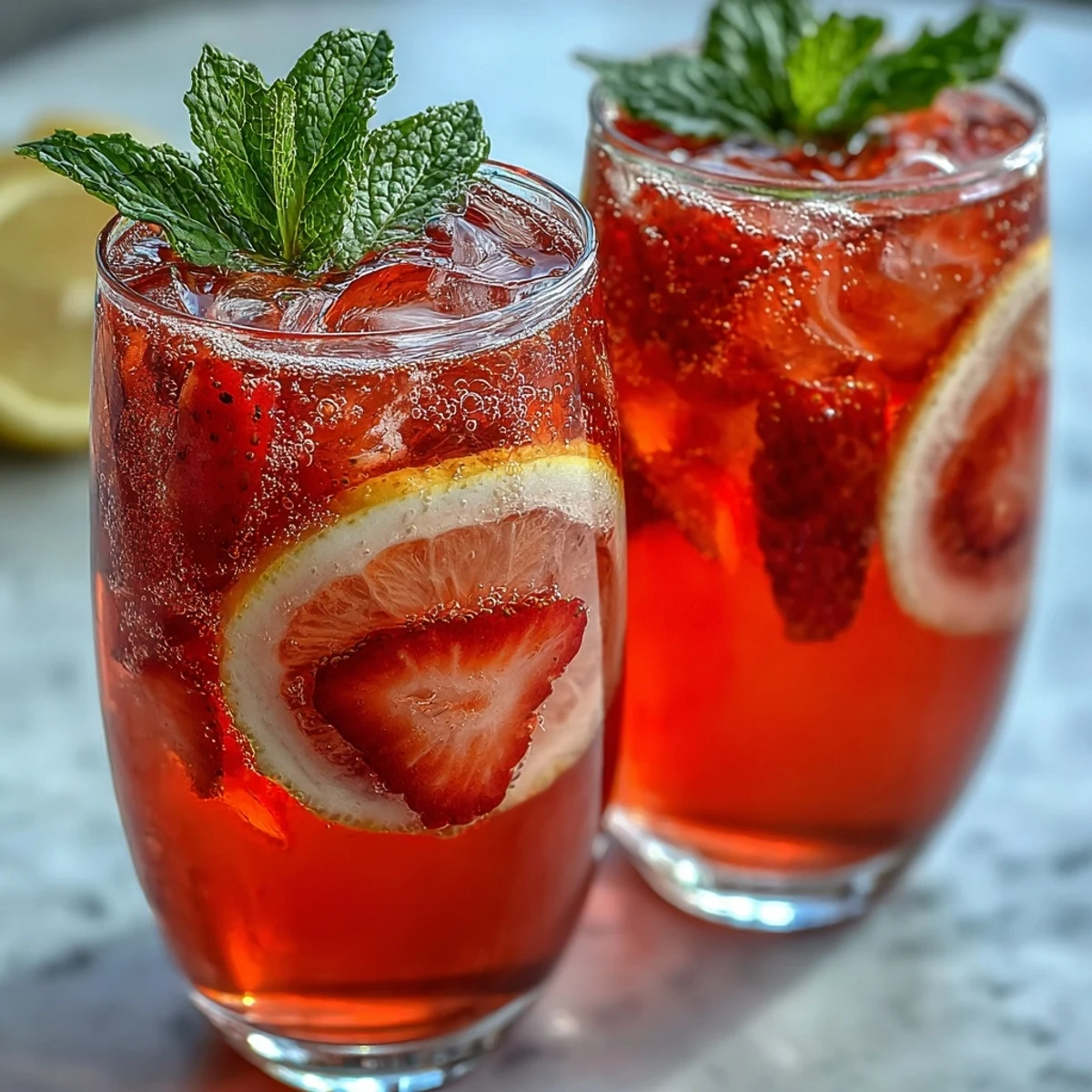 Vibrant non-alcoholic strawberry citrus drink topped with sparkling water and fresh mint leaves.