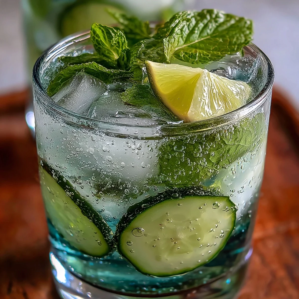 Refreshing cucumber mint sparkling water with vibrant green cucumber slices and aromatic mint, perfect for hot summer days and light entertaining.