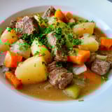A close-up of a rich, flavorful Irish Beef Stew, perfect for a cozy, comforting meal.