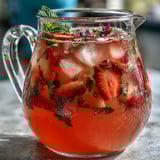 Chilled strawberry rose lemonade with lemon wheels and mint, offering a sweet-tart refreshment with a delicate rose scent.