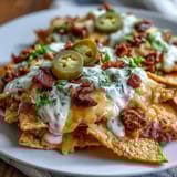 Loaded Baseball Nachos with Jalapeños and Cheese Sauce: A golden tray of crispy tortilla chips smothered in seasoned beef, creamy cheese sauce, and spicy jalapeños, ready for game day snacking.