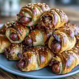 Mini baseball hot dogs wrapped in golden crescent roll dough, perfect for game day snacking with mustard and ketchup.