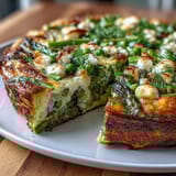 Spring Frittata with Asparagus, Peas and Goat Cheese, golden and fluffy, baked with vibrant vegetables and creamy cheese.