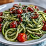 Fresh zucchini noodles tossed with vibrant basil pesto and juicy cherry tomatoes in a light, healthy Mediterranean dish.  