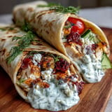 Golden Tzatziki Chicken Wraps bursting with fresh cucumber, feta, and creamy sauce.