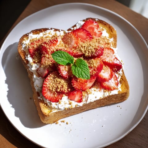 Golden toasted bread topped with luscious strawberry cheesecake, a delightful easy breakfast.